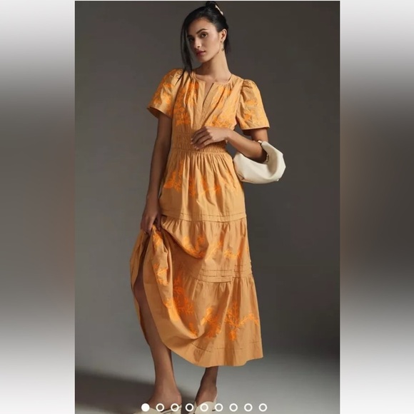 Anthropologie The Somerset Maxi Dress Embroidered Edition Tiered Smocked Waist